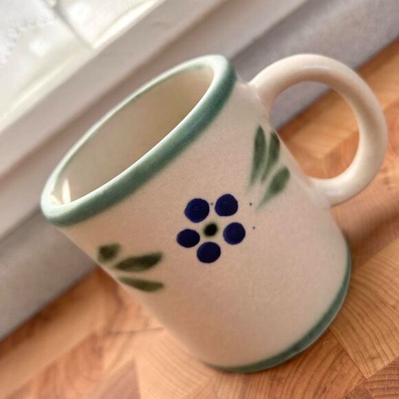 Vintage 70s Handmade Cute Green Blue White Floral Coffee Mug - Picture 2 of 5